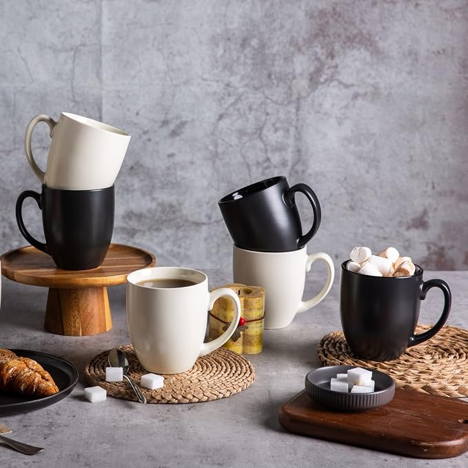 AmorArc 16 oz Coffee Mugs Set of 6, Large Ceramic Matte Black Coffee Cups | Classic Coffee Mugs Set for Men,Women,Tea/Latte/Cappuccino/Cocoa. Dishwasher&Microwave Safe