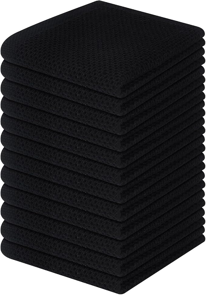 Homaxy 100% Cotton Waffle Weave Kitchen Dish Cloths 12-Pack, Black | 12 x 12 Inches, Ultra Soft Absorbent Dish Towels, Quick Drying Dish Rags with Hanging Loop