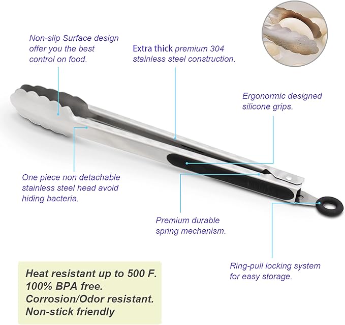 304 Stainless Steel Kitchen Cooking Tongs, 14 & 16 Inch, Set of 2, Black | Locking Food Tongs with Non-slip Grips and Hanging Loops for Cooking, Grilling, BBQ and Serving, Dishwasher Safe
