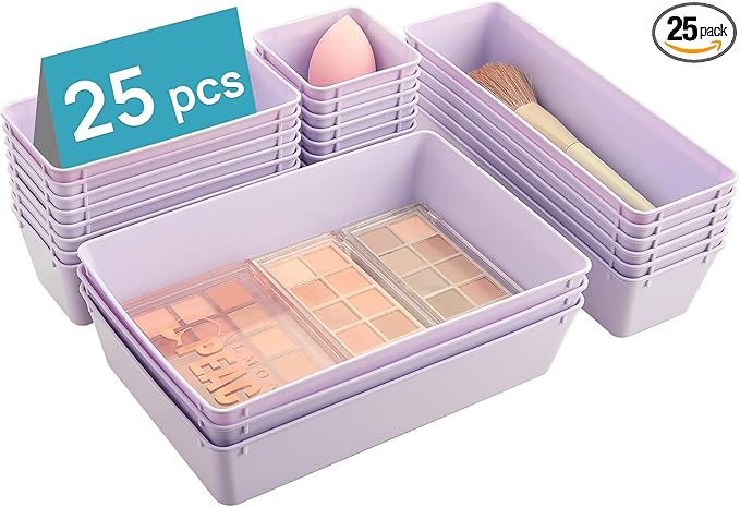 Vtopmart 25 Pack Plastic Drawer Organizers with Non-slip Rubber Pads | 4-Size Versatile Makeup Organizer, Storage Containers Small Bins for Makeup, Jewelries, Bedroom, Kitchen Utensils and Office