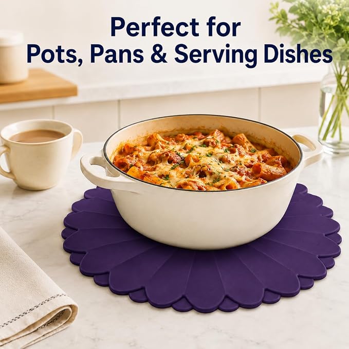 Heat-Resistant Silicone Trivet Mats, Non-Slip Hot Plate Holder for Kitchen Countertops & Dining Table, Reusable Pot Holder Pad with Secure Grip, Dishwasher Safe (Purple, Diameter: 30cm/11.81")