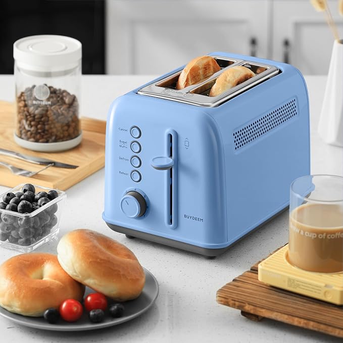 BUYDEEM DT620 2-Slice Toaster, 7 Shade Settings, Extra Wide 1.5'' Slots for Bagel & English Muffin, 6 Toasting Functions, Retro Stainless Steel Toaster with High Lift Lever, Blue