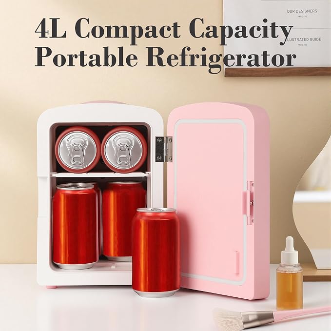 Mini Fridge, 4 Liter /6 Cans Makeup Fridge with Dimmable LED Mirror - Pink | Compact Mini Skincare Fridge for Beauty & Beverages, Dual-use Portable Tiny Fridge for Bedroom, Desk, Office, Home, Car, Gift