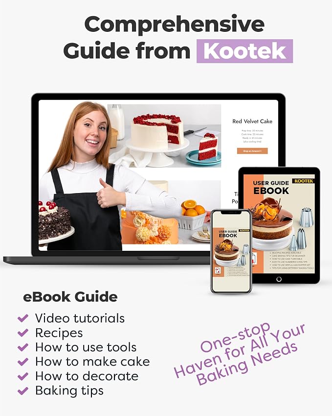 Kootek 71 Cake Decorating Kit Baking Supplies Tools for Beginners & Pros | Cake Stand Turntable, Icing Piping Tips, Disposable Reusable Pastry Bag, Spatulas, Video Tutorial, Pattern Chart