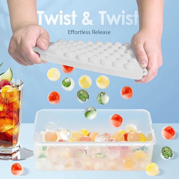 Ice Cube Tray with Lid and Bin, 0.8" Round Ice Trays for Freezer | 2 White Ice Cube Trays with Ice Box & Tong, 0.8" Round Ice Balls for Iced Coffee & Juice, Easy Twist Release, For Gatherings