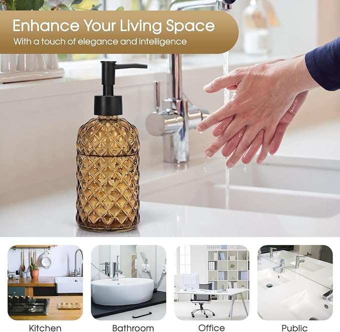 Topsky Gem Glass Soap Dispenser with Black Plastic Pump, 13oz Liquid Hand Soap Dispenser, Rustproof Pump for Kitchen & Bathroom, Great for Lotions, Essential Oil, Liquid Soaps-Amber