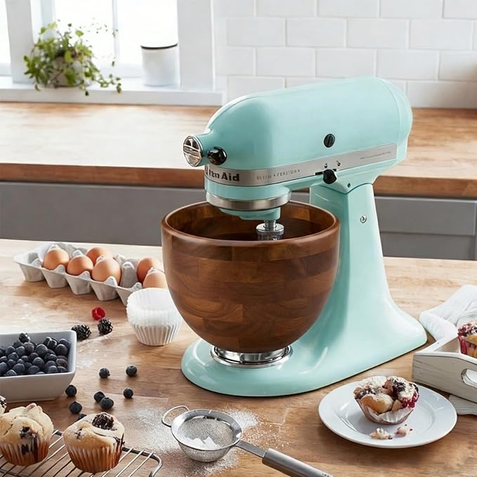 Wood Mixing Bowl Suitable for 4.5-5 QT Tilt-Head Stand Mixers - Natural Wooden Kitchen Accessory - Fits K45 KSM150 Series Natural Wood Mixing Bowl with Steel Locking Base