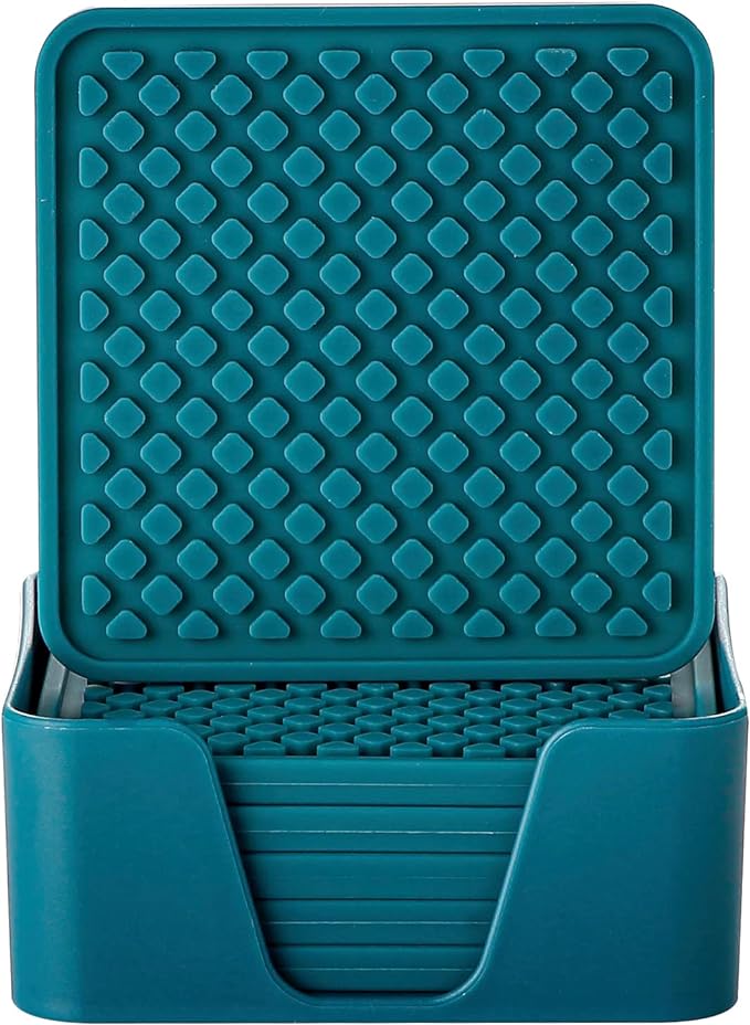 Colinda Silicone Drink Coasters with Holder, Set of 6, for Tabletop Protection and Office Desk, Cup Mat Set for Home Decor, Non-Slip and Non-Stick,Square, 4 Inch,Teal