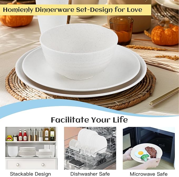 Wheat Straw Dinnerware Set,40-Piece Dish Set for 8, Dinner Plates, Dessert Plate, Cereal Bowls, Cups, Appetizer Plates,Reusable Dinner Plates Kids Plates and Bowls Sets, White