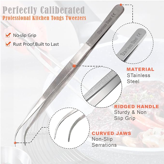 Professional Culinary Stainless Steel Precision Tongs With Serrated Tips - Plating/Food Presentation Detailing Serving - Chef's Kitchen Tweezer - Ultra Non-Slip Grip (8" Curved Slim)