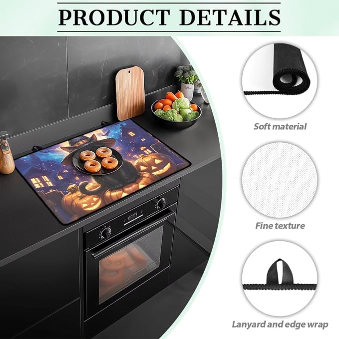 Cat Pumpkin Stove Top Covers for Electric Stove Heat Resistant Stove Mat with Anti-Slip Rubber Base Folding Dish Drying Mat for Kitchen Easy to Clean Halloween Decor for Kitchen