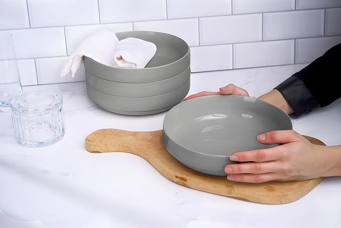 KooK Ceramic Large Pasta Bowls, Microwave and Dishwasher Safe, Great for Soups and Salads, Shallow Serving Bowls, Glossy Porcelain, 47 oz, Set of 4, Powder Grey