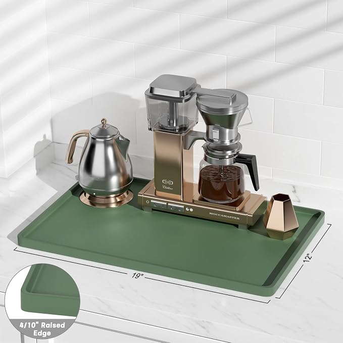 Rnivvi Silicone Coffee Mat, 12" x 19" Waterproof Raised Edge Coffee Bar Mats for Espresso Machine Station Accessories, Heat Resistant Dish Drying Pad for Kitchen Counter, Rubber Bar Decor Pad, Green