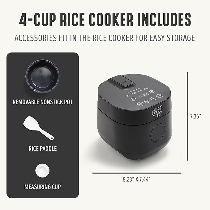 GreenLife Digital Rice Cooker, 2-Cups Uncooked/4-Cups Cooked, Black | PFAS-Free Ceramic Nonstick Coated 1.5QT Pot, One-Touch Presets, Oats, Quinoa, Brown Rice, Auto Warming, Fuzzy Logic Tech