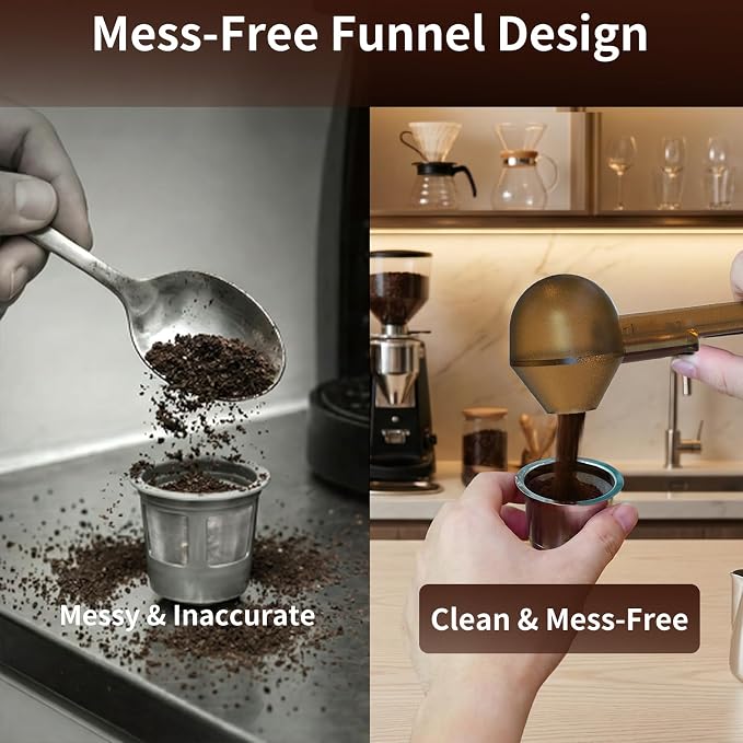 2 Pcs Coffee Scoop with Funnel for Reusable K Cup, 2 TBSP Measuring Spoon | Mess-Free Funnel Design, Sliding Leveler for Precise 2 TBSP, Long Handle for Ground Coffee, Protein Powder & Tea