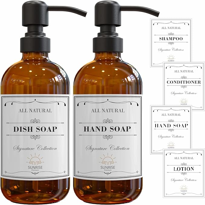 Amber Glass Soap Dispenser Matte Black with Pump, 16 oz | Amber Glass, Matte Black Stainless Steel Pump Hand and Dish,Bathroom and Kitchen Sink Use 6 Waterproof (Pack of 2)