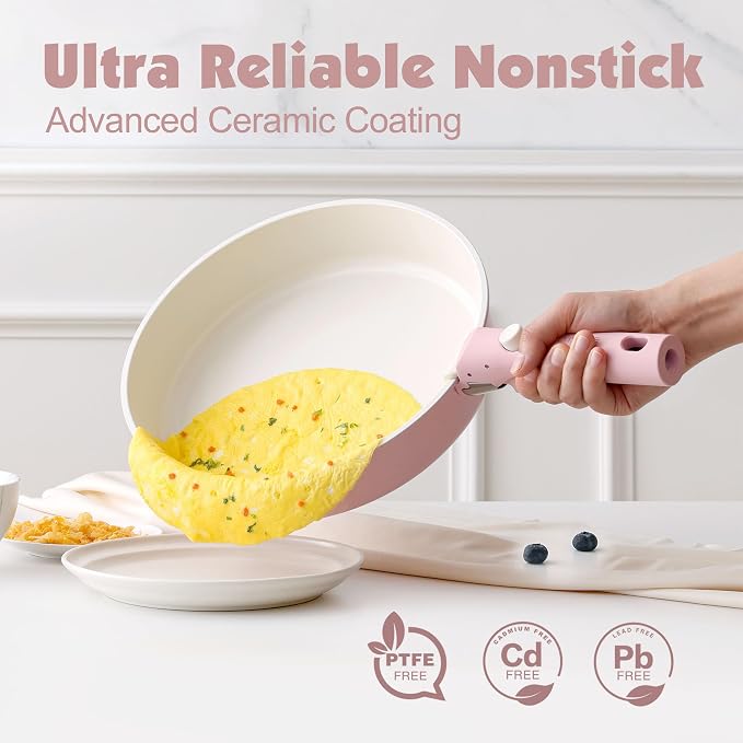 SENSARTE 17 Piece Ceramic Detachable Handle Pots and Pans Set Pink | Ceramic Cookware Set, Induction Cookware Set with Removable Handle, Healthy Non Stick for RV, Dishwasher ＆ Oven Safe