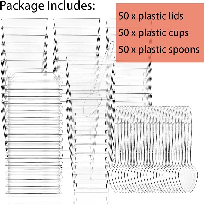Hiasobre 5 oz Plastic Dessert Cups with Lids and Spoons, 50 Pack | Clear Reusable Square Mini Parfait Appetizer Cups, Shooter Serving Cups, Party Dessert Shot Glasses for Tasting