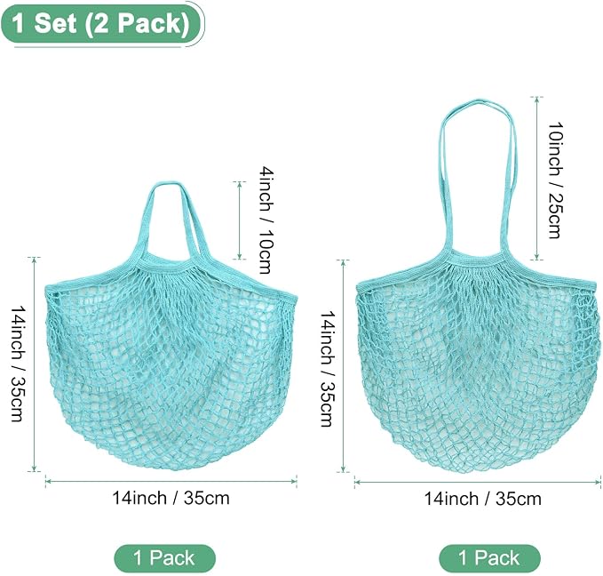 M METERXITY 2-Pack Cotton Mesh Bag, Reusable Washable Mesh Net String Grocery Bags, Reusable Produce Bags with Handle, Net Tote Bag for Fruits Shopping [Blue-Green, Long&Short Handle]