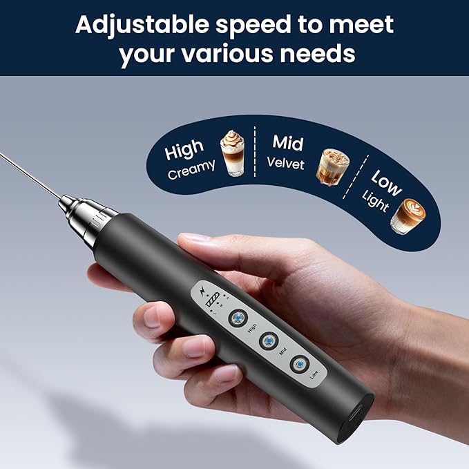 Milk Frother Wand Rechargeable Handheld Electric Whisk 3 Speed Adjustable | Coffee Frother Wand with 3 Stainless Whisks Electric Foam Maker Drink Mixer Blender for Latte Cappuccino Matcha Egg