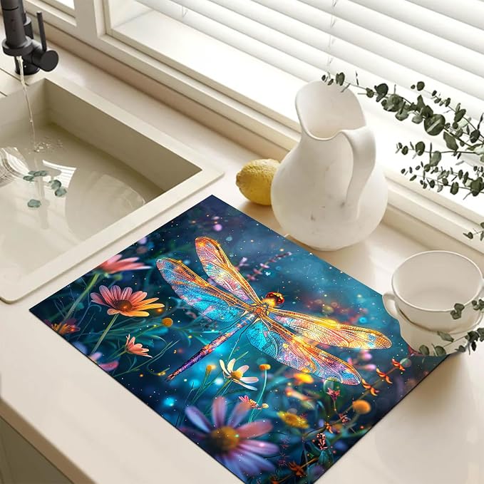 HOMETITUTE Dragonfly Stove Top Cover 28x20 Glowing Wings Diatomite Mat