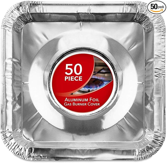 Disposable Gas Burner Liners (50 Pack) Aluminum Foil Square Gas Stove Burner Covers - 8.5 Inch Gas Range Protector, Stove Top Covers for Gas Burners, Foil Liners to Catch Oil, Grease, and Food Spills