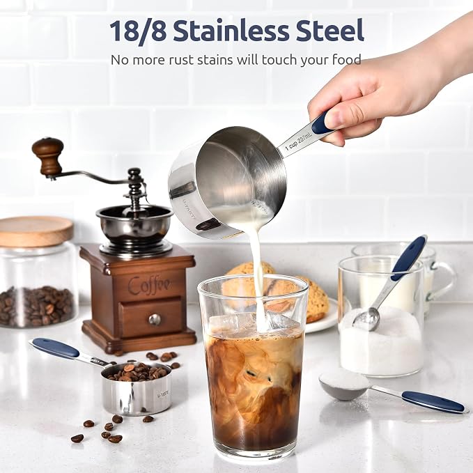 U-Taste Measuring Cups Spoons Set, 18/8 Stainless Steel, 10Pc/Midnight Blue | Upgraded Thickened Handle, Reinforced Welded Joints, Nested Stackable Design, Metal Measure Set for Kitchen Baking Cooking