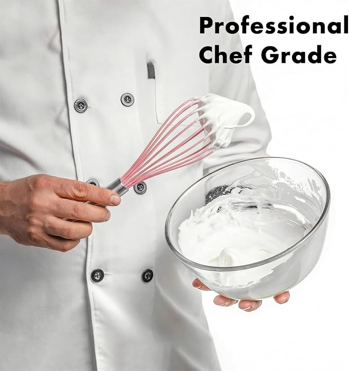 OYV 10-Inch Pink Silicone Whisk, Non-Scratch, 18/10 Stainless Steel Handle | 480°F Heat Resistant, BPA-Free Silicone, Sealed Waterproof Handle, Nonstick-Safe, Dishwasher Safe