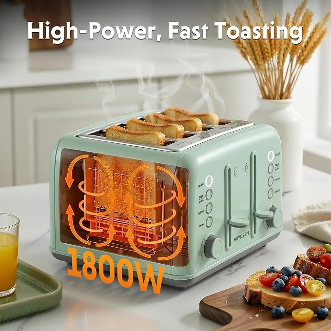 BUYDEEM DT640 4-Slice Toaster, 7 Shade Settings, Extra Wide 1.5’’ Slots for Bagel & English Muffin, 6 Toasting Functions, Retro Stainless Steel Toaster with High Lift Lever, 1800W, Green