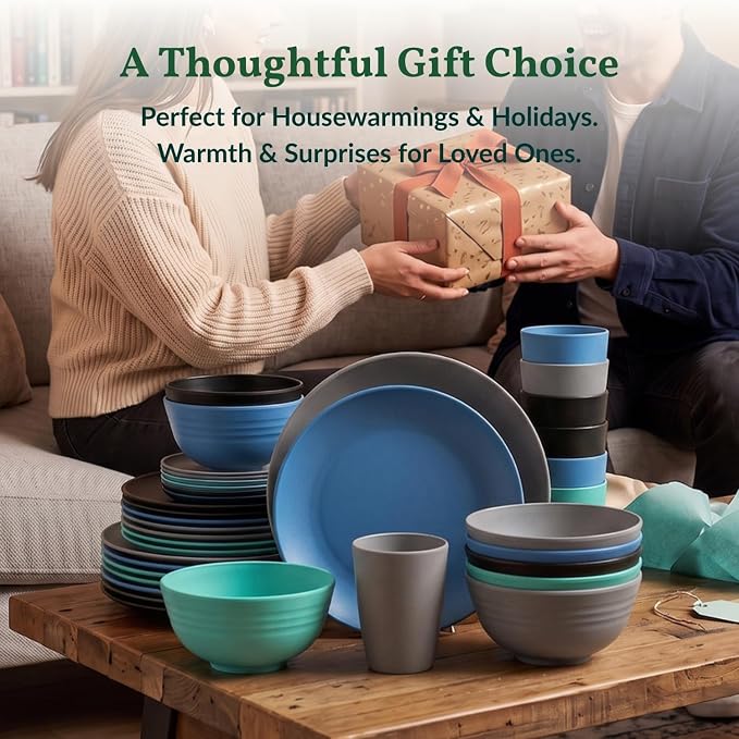40 Piece Premium Wheat Straw Dinnerware Sets for 8 Unbreakable Plates and Bowls Sets Microwave and Dishwasher Safe Dinner Plates Set Camping, Apartment, Kids, Outdoor, RV, Party-Nightscape