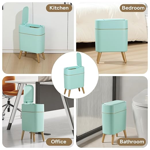 Touchless Bathroom Trash Can with Lid, Cute Tall Green Wastebasket | Waterproof,Narrow,Automatic,Convenient and Hygienic Easy to Use，2.6 gallon Small Garbage bin for Bedroom, Office，Living Room