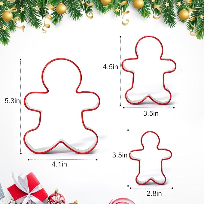 Gingerbread Man Cookie Cutters 3PCS, Stainless Steel Christmas Cookie Cutter Tools with Red Environmental PVC, Gingerbread Boy Shape Moulds Set for Baking