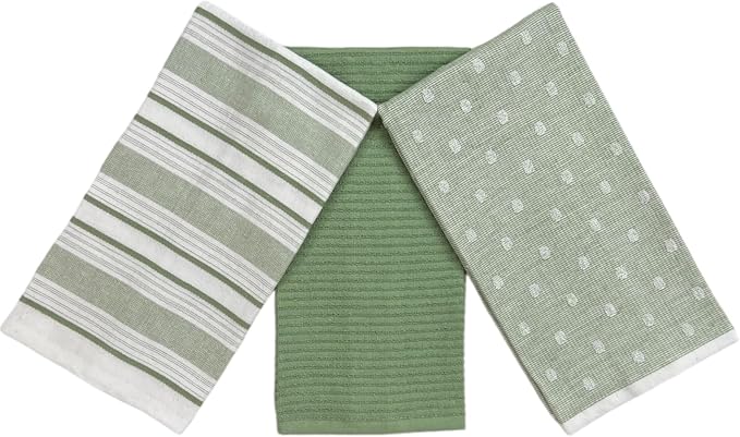 Sage Green Striped Kitchen Hand Dish Towels, Set of 3, 100% Cotton, 16x26 | Striped Solid Polka Dot Design, Soft Absorbent Cleaning Drying Cloth, Multipurpose for Everyday Use