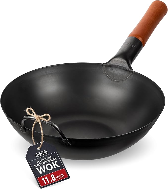 YOSUKATA 11.8" Carbon Steel Wok Pan – Pre-Seasoned Flat Bottom Pow Wok for Stir Fry, BBQ, Grill & Camping – Traditional Japanese Chinese Cookware – Compatible with Induction, Electric, Gas, Open Fire