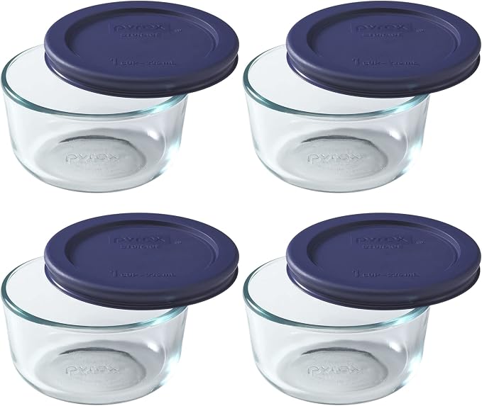 Pyrex 7202 (1-Cup) Glass Bowl with Dark Blue Lid (4-Pack) - Made in USA | BPA-Free Plastic Lid | Round Shape | Food Storage Replacement | Refrigerator & Freezer Safe | Resists Stains And Odors