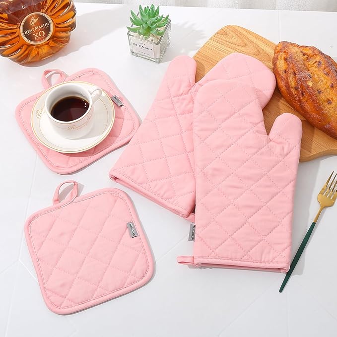 Oven Mitts and Pot Holders 4 pcs Set,High Heat Resistant 500 Degree Extra Thicken Long Kitchen Cotton Oven Glove for Cooking (12 Inch,Pink)…