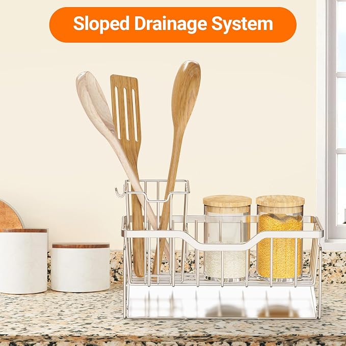 StorageRight Sponge Holder for Kitchen Sink, Sink Caddy Organizer, Silver | Rustproof Kitchen Sink Organizers with High Brush Holder & Self Drain Tray, Anti-Slip Kitchen Countertop Storage Essentials