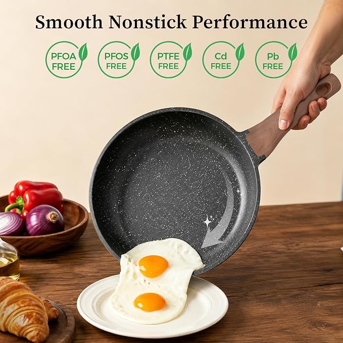 YASHE 3Pcs Granite Nonstick Frying Pan Set(8/9.5/11 inch) Induction Ready | Non-Toxic Omelette Pans Cookware with Stay-Cool Handle PFOA/PFOS Free Skillet Pans Set Compatible with All Stovetops