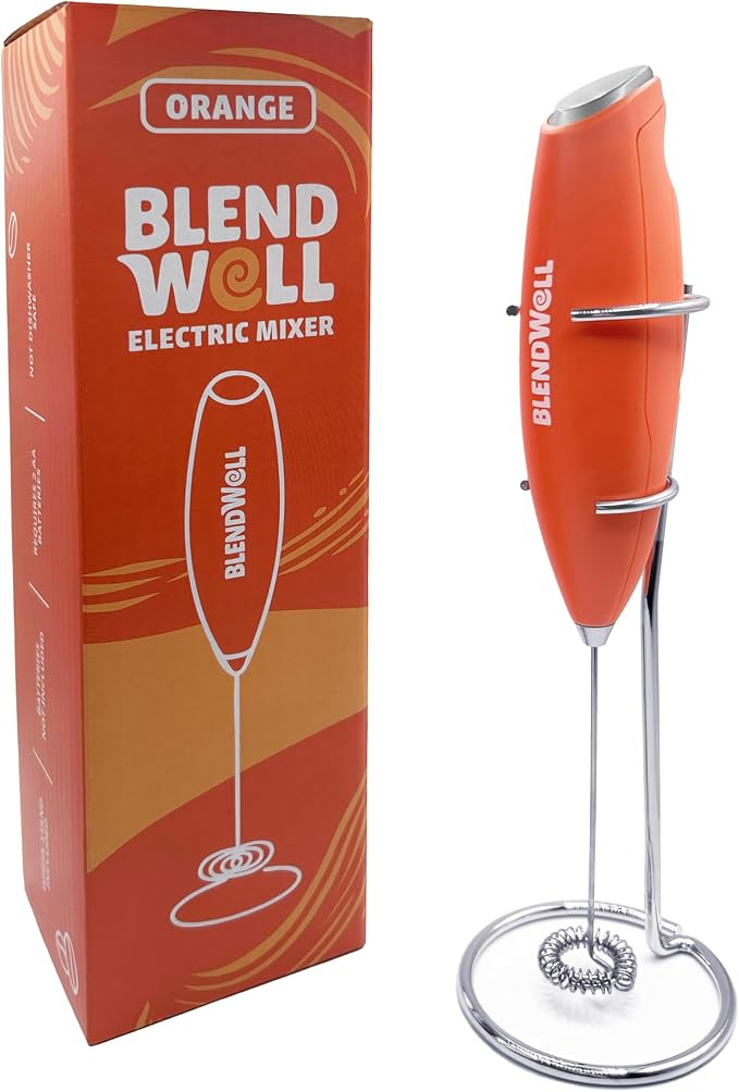 BlendWell Electric Milk Frother for Matcha and Coffee, Handheld Battery Operated Drink Mixer with Stand, Stainless Steel Whisk, Orange
