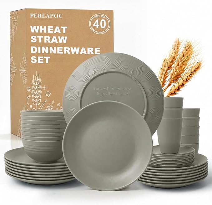 Unbreakable Wheat Straw Dinnerware Set 40 PCS - Wheat Straw Plates and Bowls Sets With Cups for 8 Dishwasher & Microwave Safe Lightweight Dish Set for Party Camping Kitchen - Grey