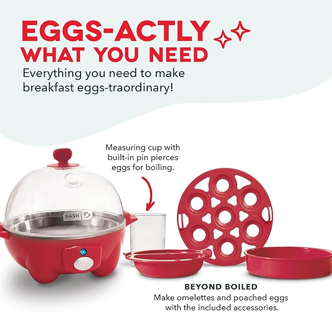 Dash Rapid Egg Cooker, 7 Hard Boiled Eggs, Red | Electric Egg Poacher, Boiler, Steamer & Omelette Maker Machine, Soft or Poached Eggs for Breakfast, Auto Shut-Off, BPA-Free