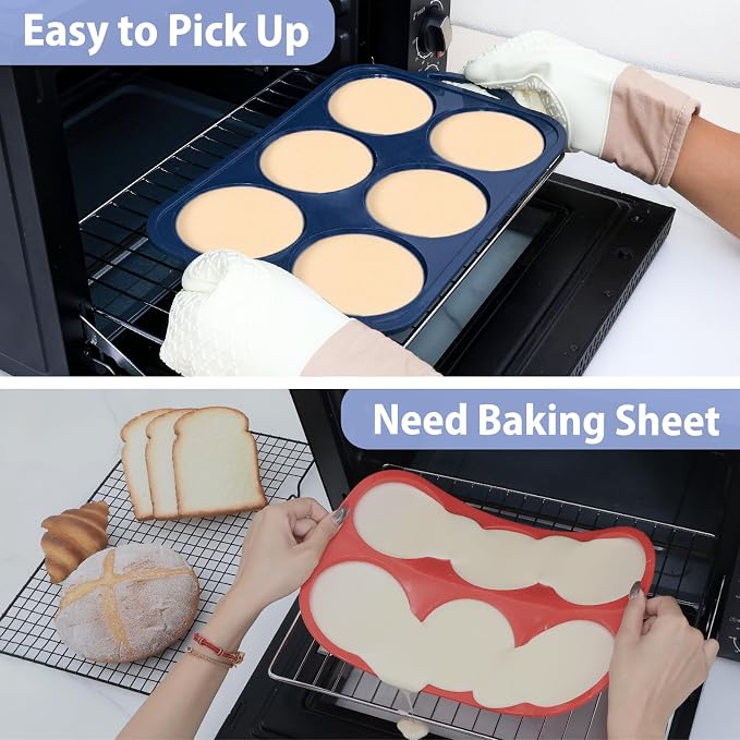 4 Inch Jumbo Silicone Muffin Top Pan with Frame Non Stick Egg Mold Baking | Silicone Egg Mold for Oven, Large Whoopie Pie Baking Pan with Handle for English Breakfast Sandwich Egg Bite Bun Tart Vnray
