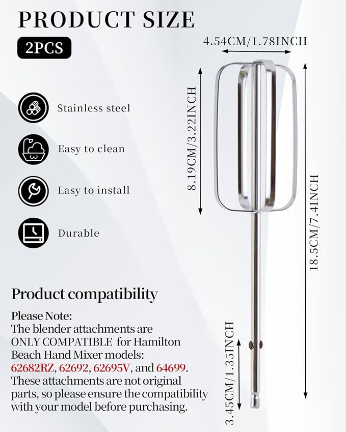 2 Pcs Hand Mixer Attachments Beaters, Hand Mixer Beaters Attachments Kitchen Stainless Steel Replacement Parts for Hamilton Beach 62682RZ 62692 62695V 64699 Mixer