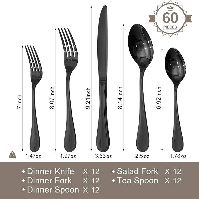 18/10 Stainless Steel Silverware Set for 12, 60 Piece Black Flatware Set | KINGSTONE Teardrop Heavy Cutlery Set, Mirror Polished Knives Fork Spoons Utensils, Dishwasher Safe for Home Kitchen Wedding