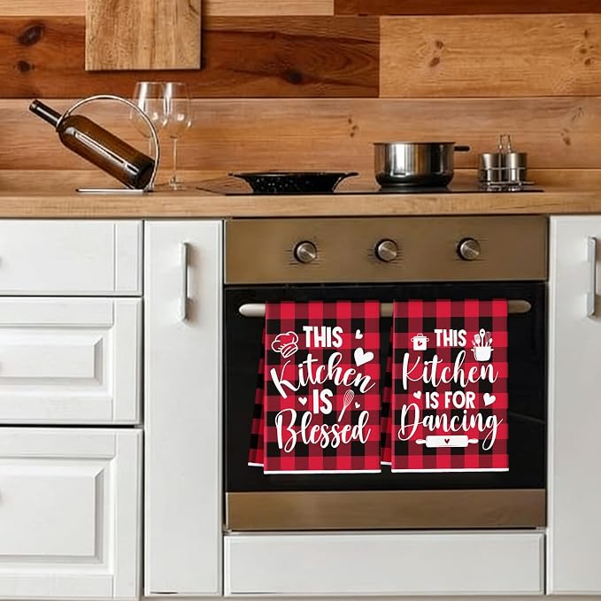 4 Pcs Red Black Kitchen Towels Happiness Dish Towels Gifts | Heart of the Home Decorative Hand Tea Dishcloths with Hanging Loop Housewarming Gift for Home Funny Kitchen Decor Accessories