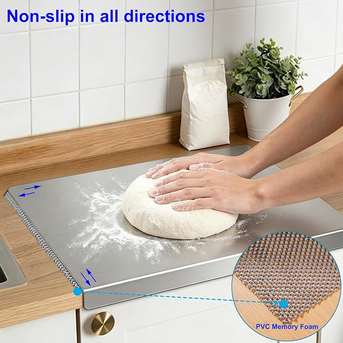 L-Shaped 304 Stainless Steel Cutting Board with Lip for Kitchen 15.7×11.8×0.06" Metal Chopping Board Double-Sided Use for Suitable for Meat Fruits Vegetables Bread (1Pack)