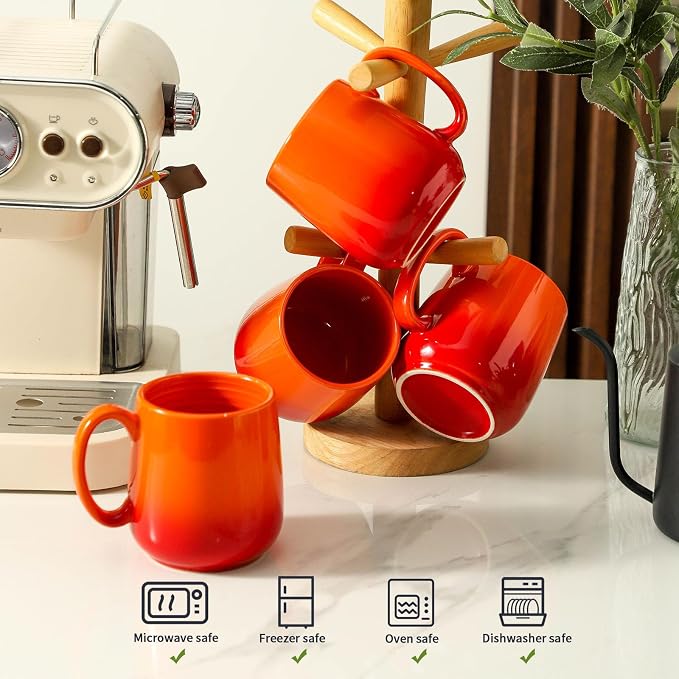 HASENSE Set of 4 Ombre Coffee Mugs, 15oz Large Ceramic Cups – Dishwasher & Microwave Safe, Orange Gradient Cappuccino Latte Tea Handle Cup, Housewarming Gift