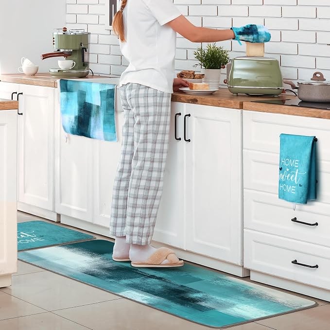 16 Pcs Turquoise Kitchen Decor and Accessories Set 4 Teal Abstract Area Kitchen Towels 2 Non Slip Rugs and Mats 2 Modern Grey Oven Mitts 2 Pot Holders 4 Placemats 2 Curtains for Home Decoration Gift