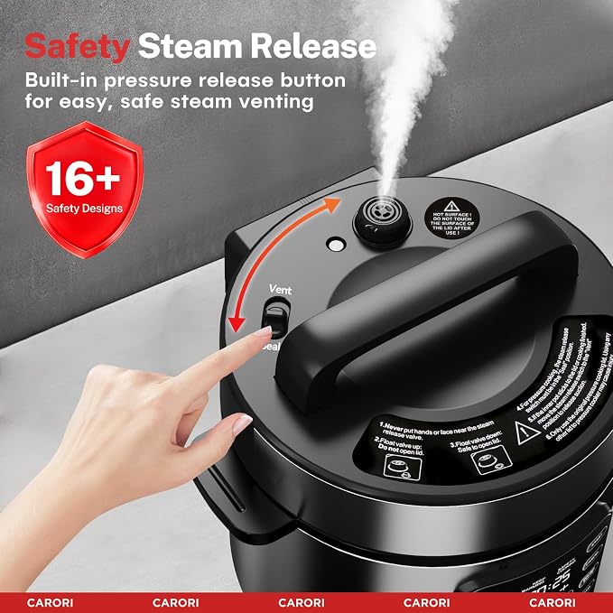 CARORI Electric Pressure Cooker 6 Quart Silver, Non-stick Pot, 9-in-1 Instant Pot, 12 Preset Functions with Touchscreen, Safe Steam Release, Stew, Slow Cook, Rice, Sauté, Warmer