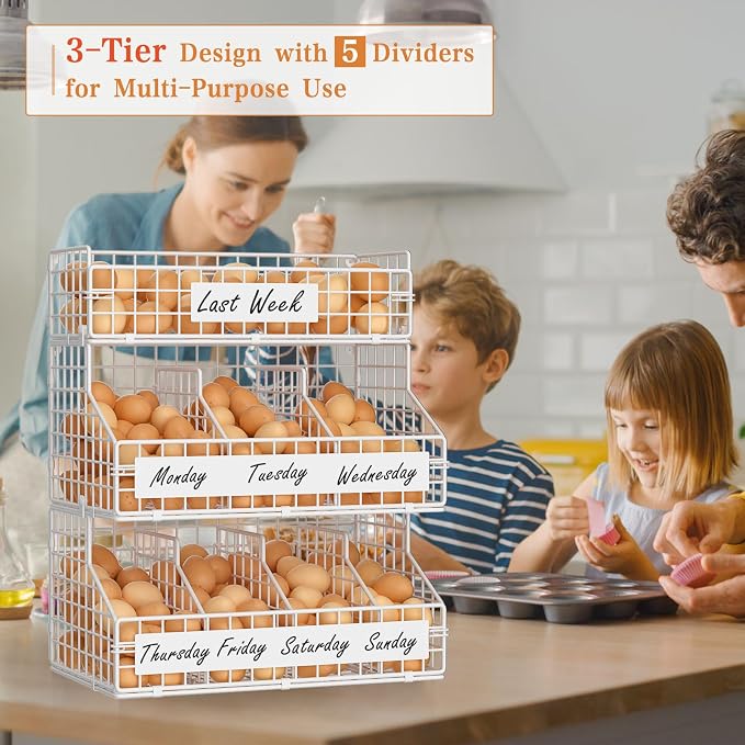 keomaisyto Egg Holder Countertop with 5 Dividers & DIY Nameplate | 3 Tier Stackable Wire Storage Baskets for Gathering Fresh Eggs, Wall-Mounted XXL Egg Rack, White (Patent Pending)